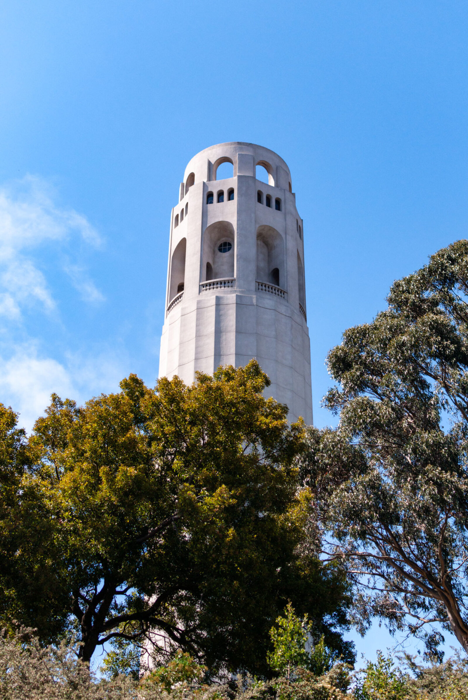 A view of Coit Tower from below with trees in the foreground wrapped on the sides. Coit Tower sits atop Telegraph Hill in Pioneer Park, overlooking the city and San Francisco Bay.